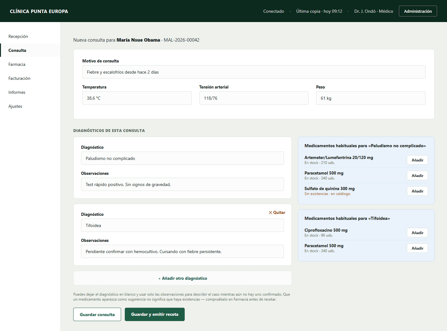 Consulta con diagnósticos y receta sugerida en Dockit-i