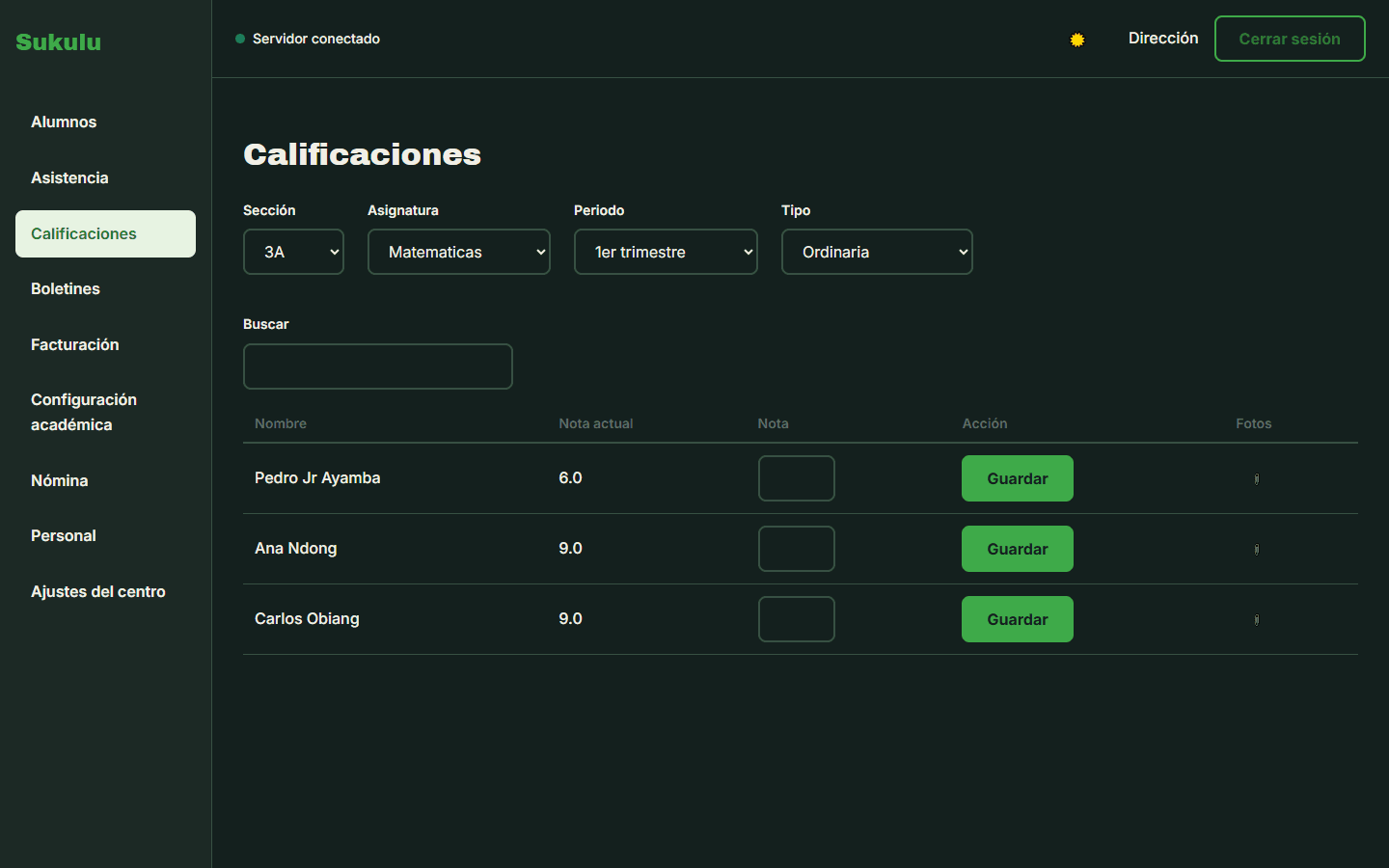 Pantalla de calificaciones en Sukulu
